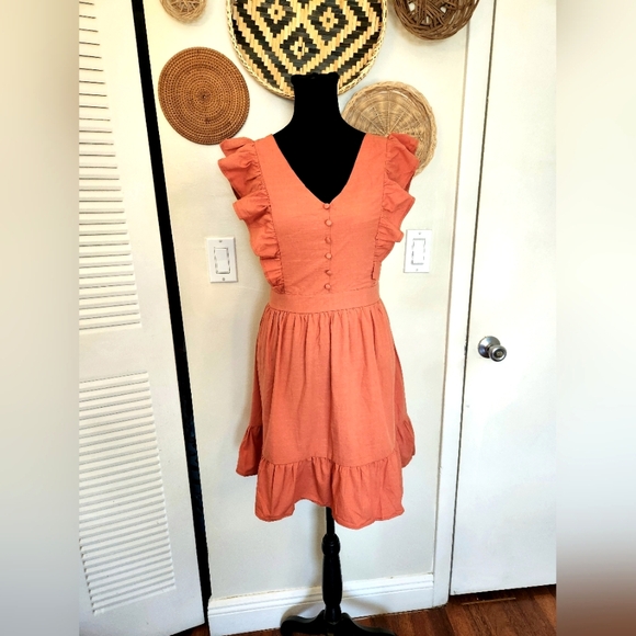 Orange Mini Dress With Ruffles Flutter Sleeves - Picture 2 of 7